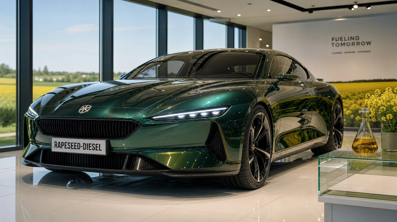 Carro esportivo verde metálico com placa "Rapeseed-Diesel" em showroom moderno com vidro e plantas.