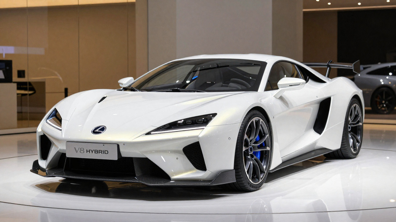 Carro esportivo Lexus V8 Hybrid branco exibido em salão, com rodas pretas e detalhes aerodinâmicos.