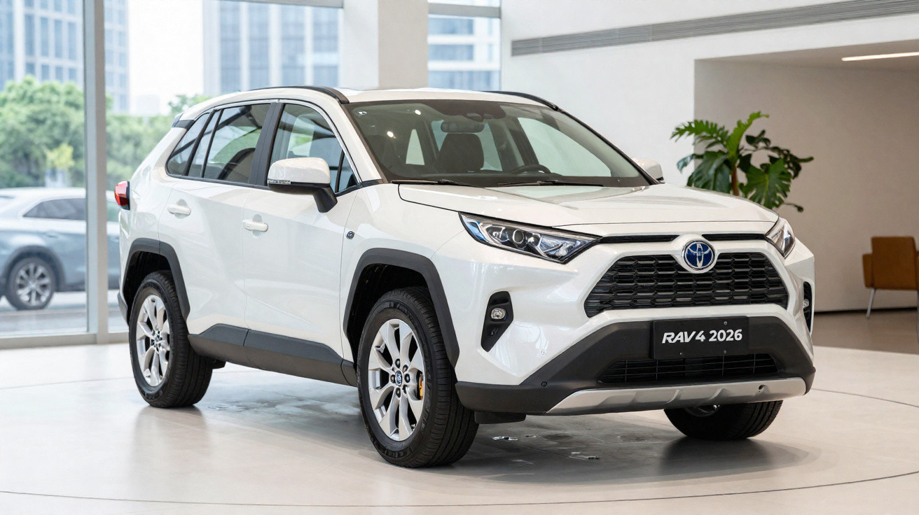 Carro SUV branco Toyota RAV4 2026 exibido em showroom moderno com janelas amplas e plantas.