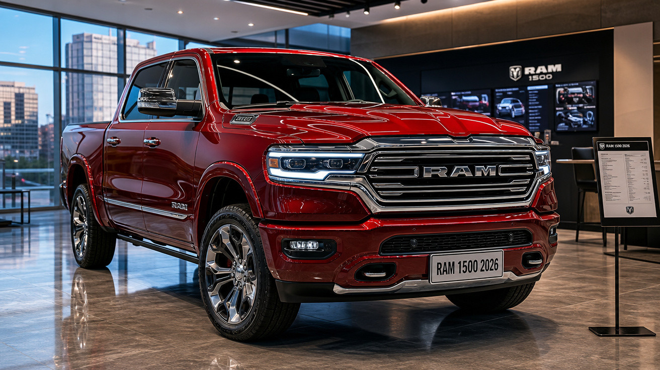 Picape vermelha RAM 1500 2026 exibida em showroom moderno com acabamento cromado e iluminação interna.