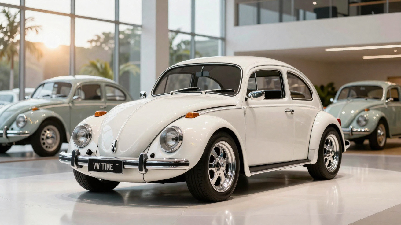 Carro Volkswagen Fusca branco em exposição interna com outros Fuscas ao fundo.