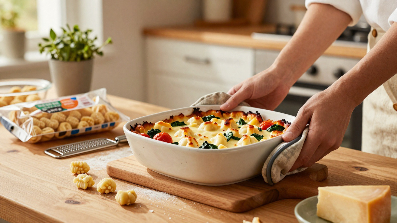 Pessoa segurando uma travessa com massa ao forno gratinada, tomate-cereja e espinafre em uma cozinha.
