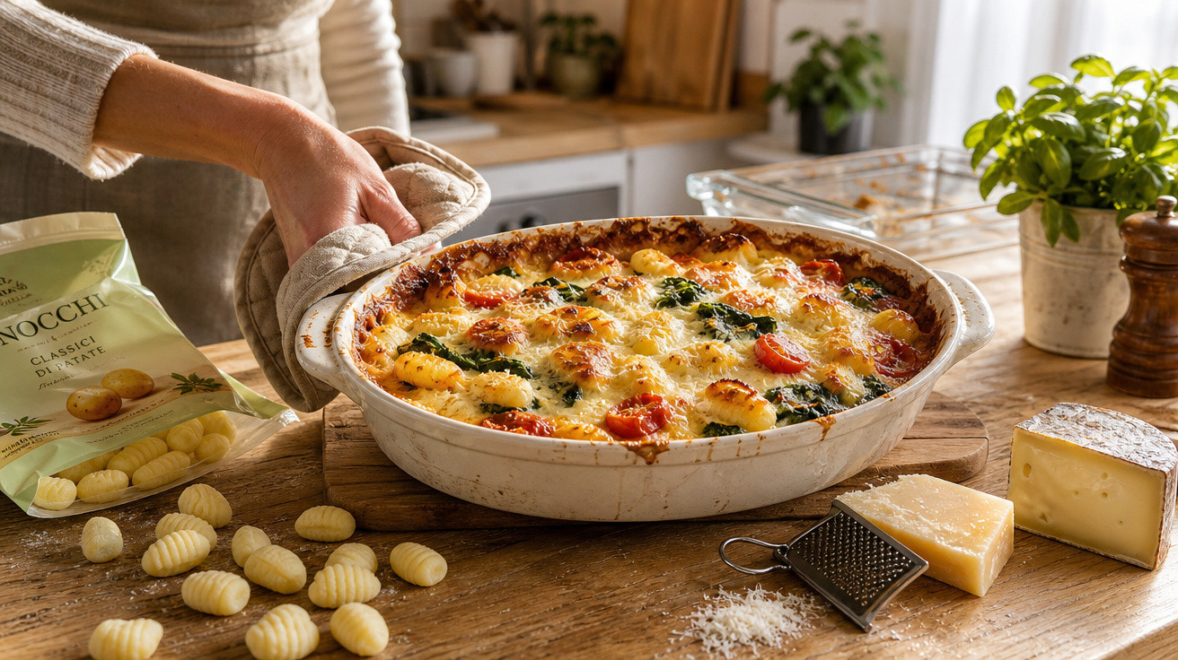Mãos retiram do forno travessa com nhoque gratinado com queijo, tomates e espinafre na cozinha.