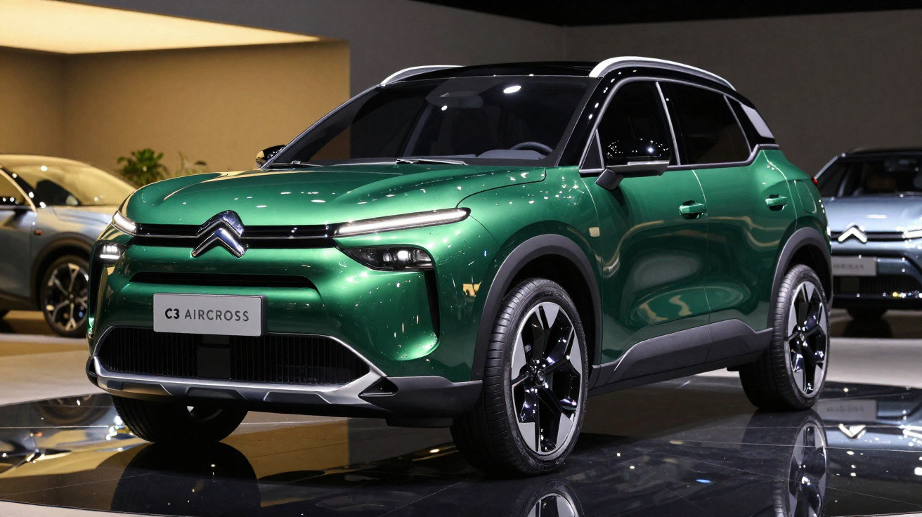 SUV Citroën C3 Aircross verde em exposição com teto branco e detalhes pretos.