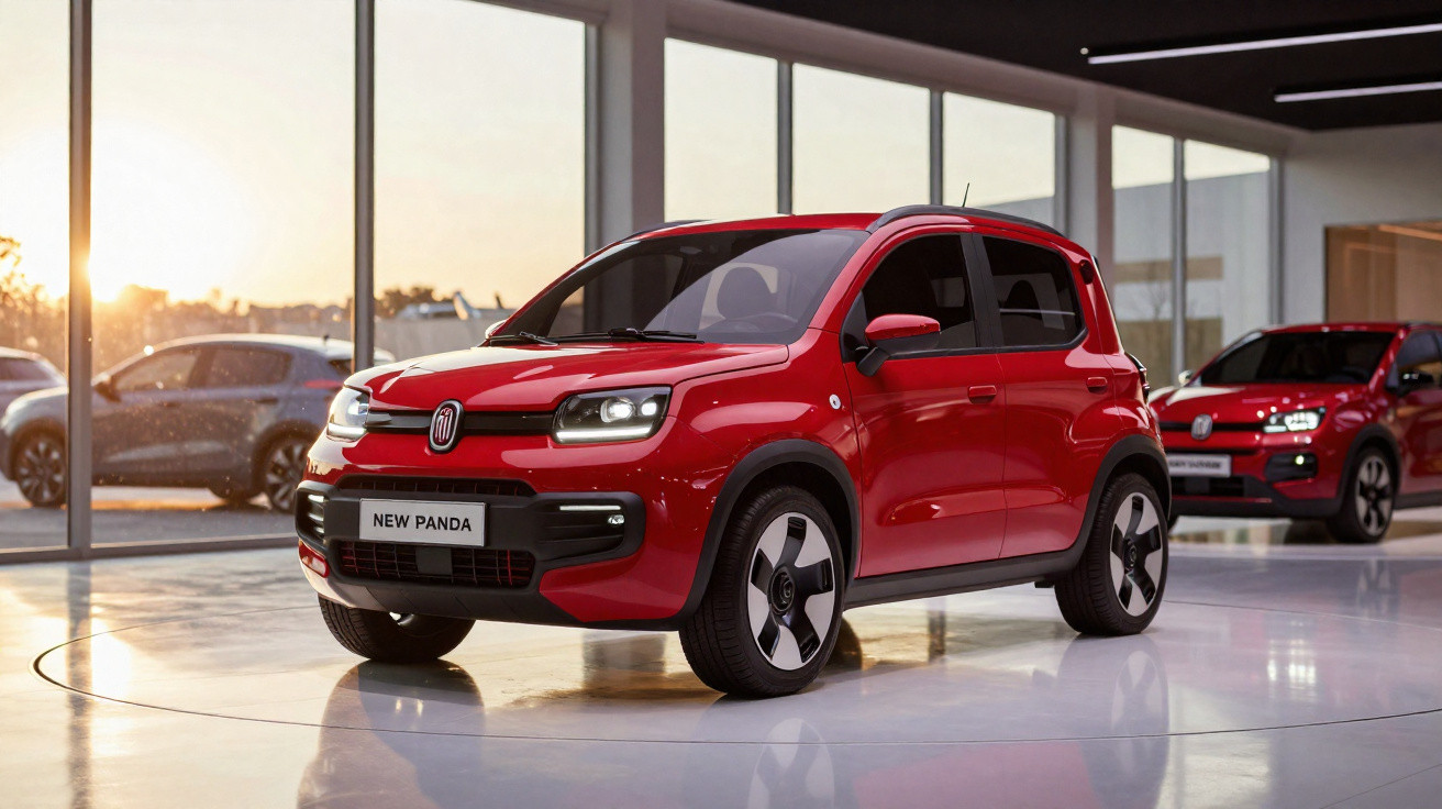 Carro vermelho Fiat New Panda em exposição dentro de showroom moderno com grandes janelas.