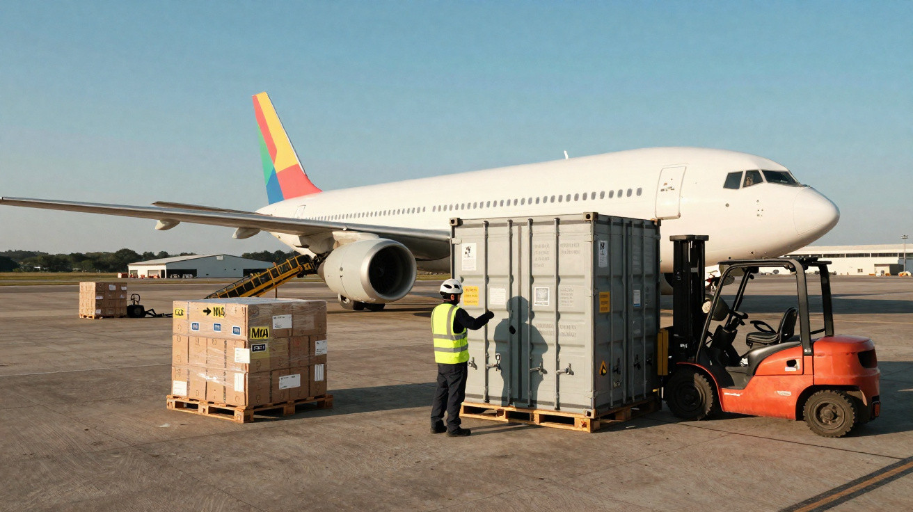 Aeronave branca parada no aeroporto com trabalhador e empilhadeira movimentando container.