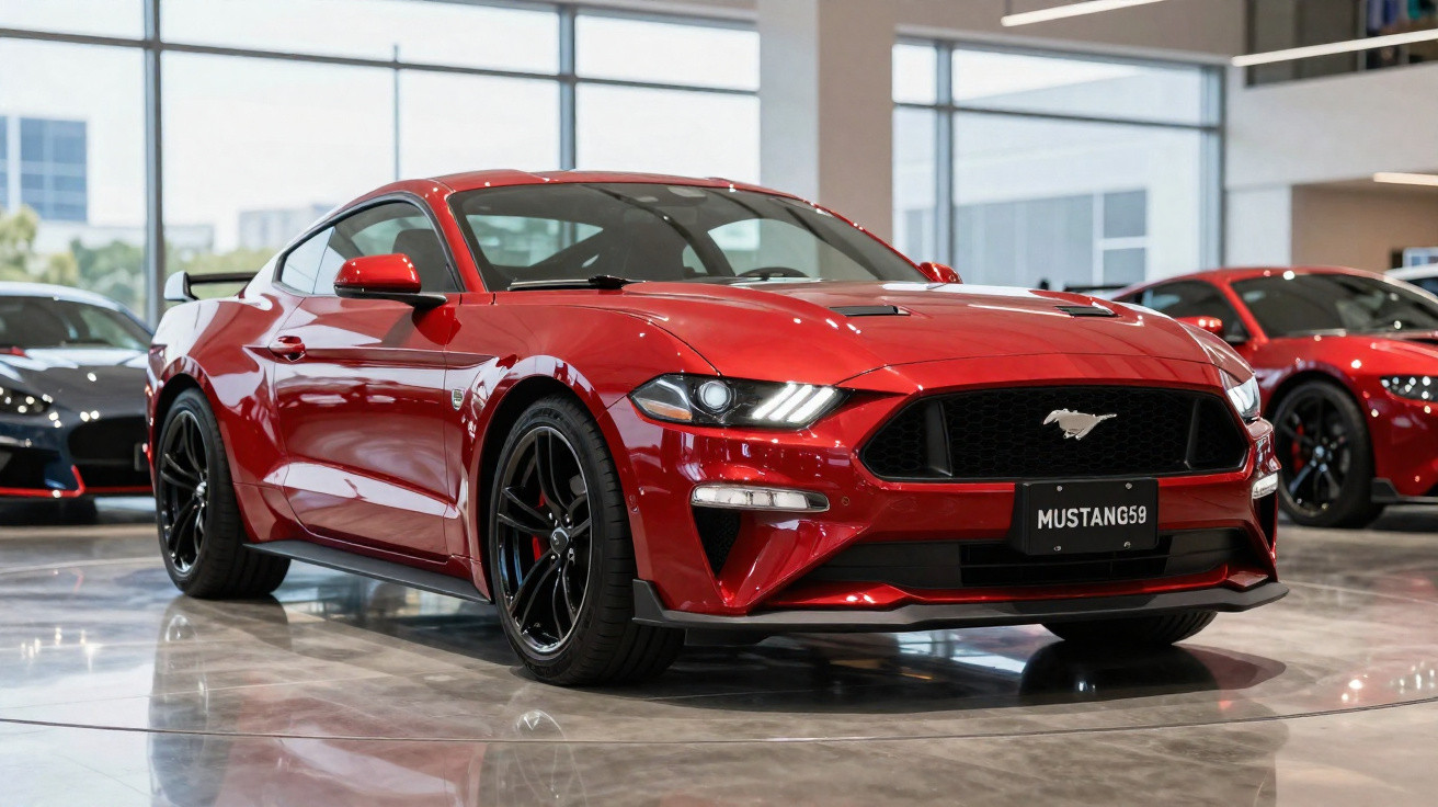 Carro esportivo vermelho Ford Mustang estacionado em showroom moderno com piso refletivo.