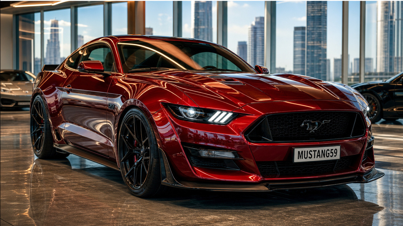 Carro esportivo Ford Mustang vermelho estacionado em showroom com prédios ao fundo.
