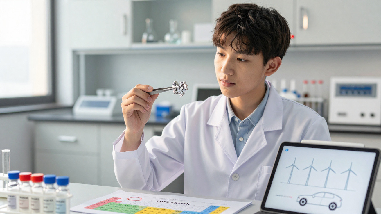 Cientista jovem em laboratório analisando material com pinça, tela exibe carros elétricos e turbinas eólicas.