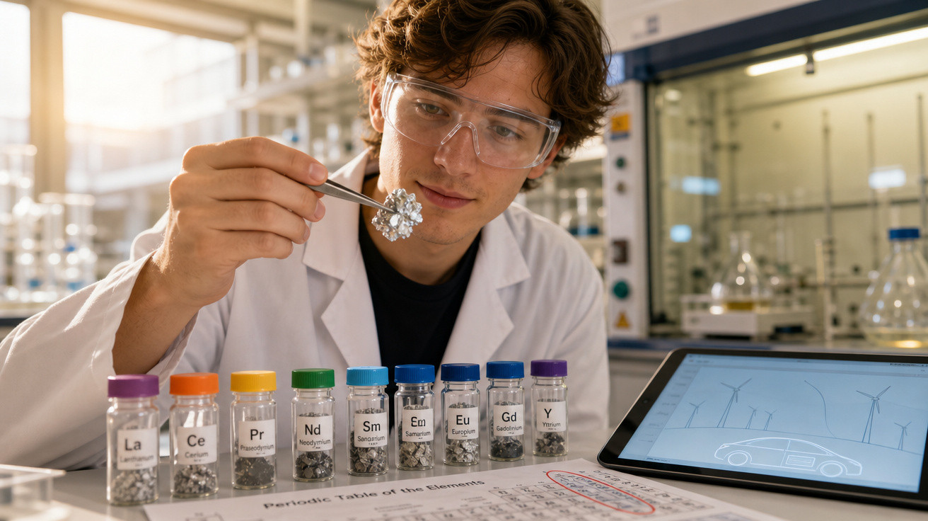 Jovem cientista com jaleco e óculos de proteção manuseia amostra de elementos químicos em laboratório.