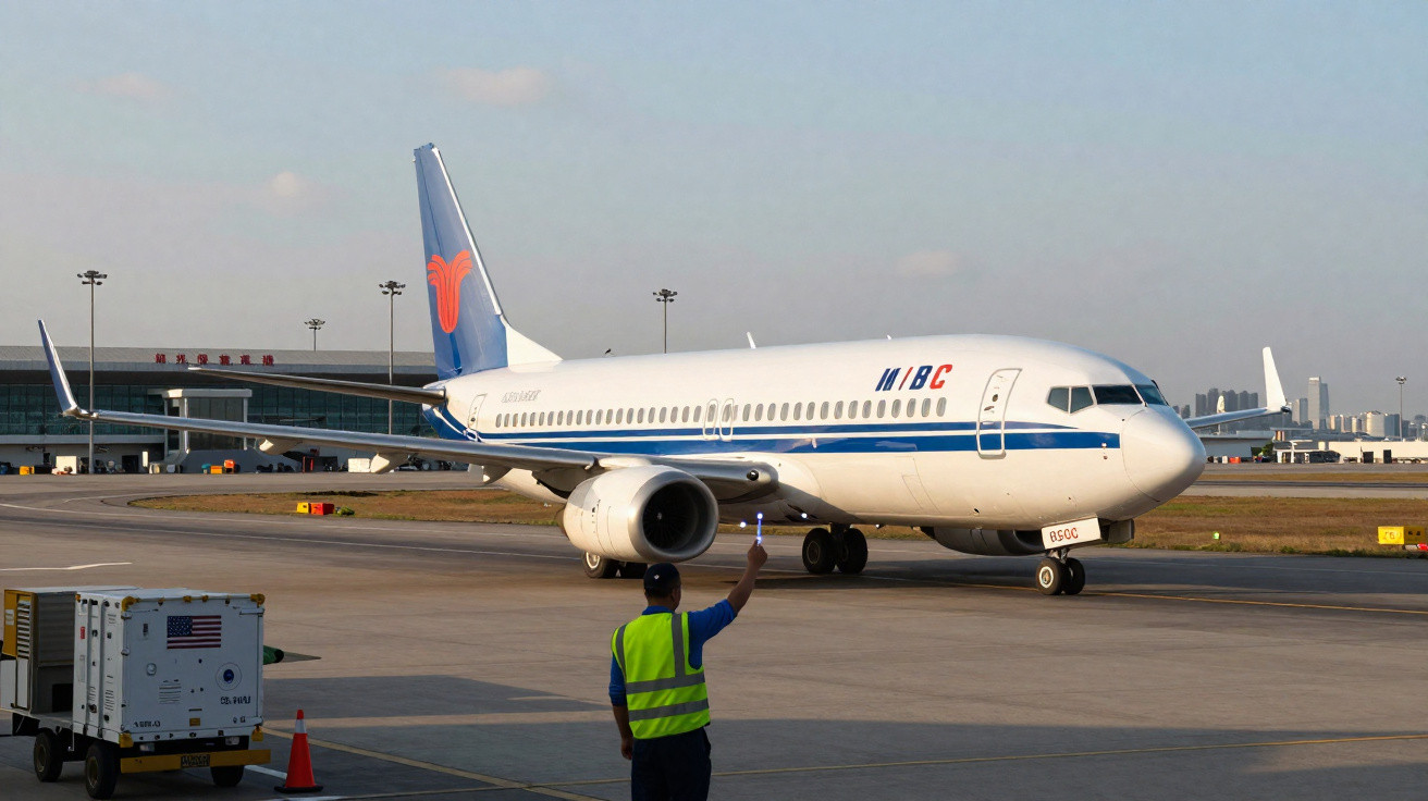 Avião taxiando no aeroporto com funcionário sinalizando na pista ao entardecer.