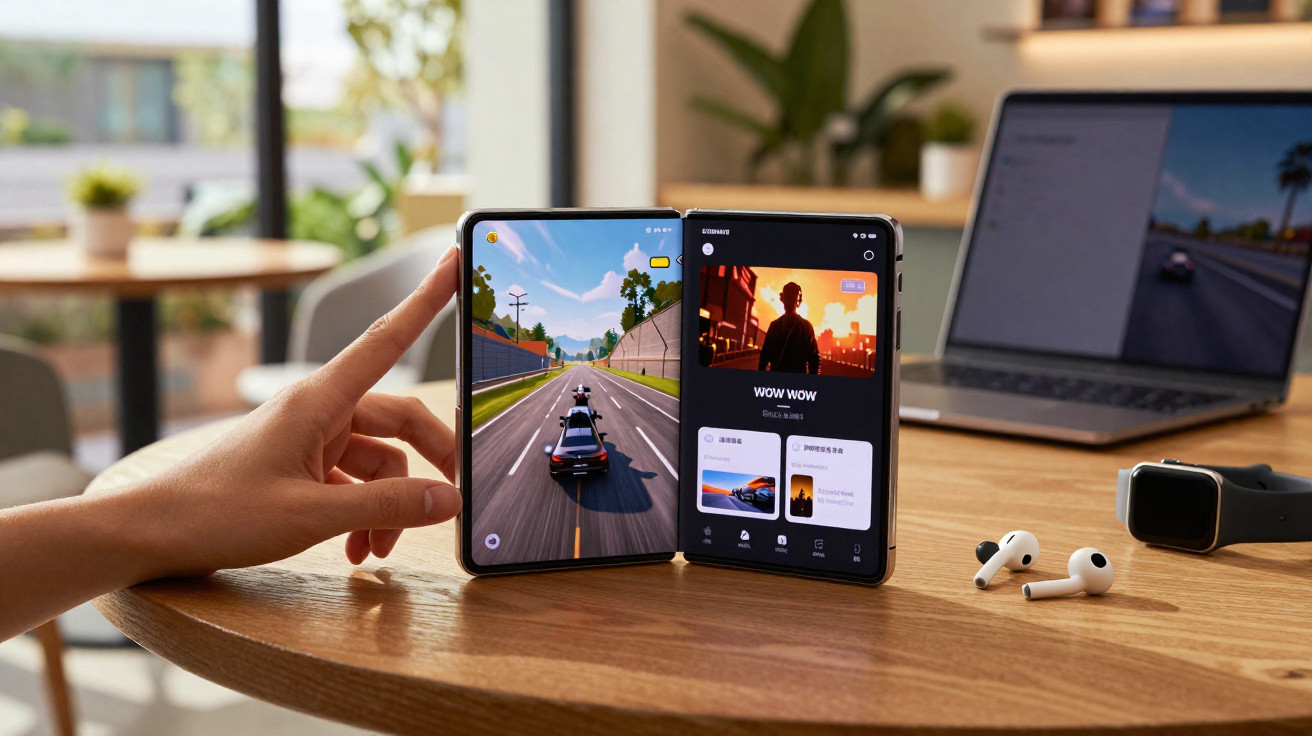Smartphone dobrável aberto com jogo de corrida na tela esquerda e streaming de vídeo na direita, sobre mesa de madeira.