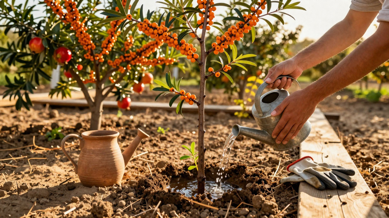 Pessoa regando muda de arbusto com frutos laranja em área de plantio com luvas e regador ao lado.