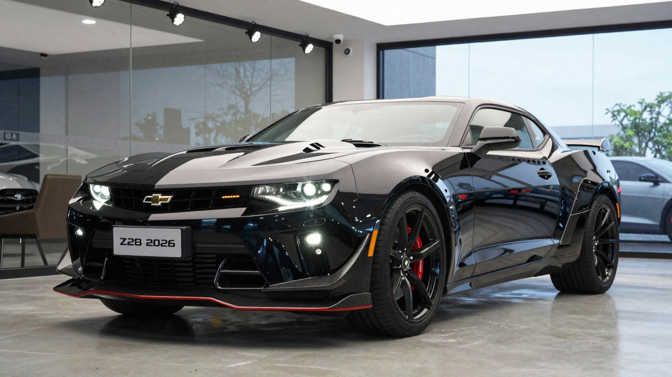 Carro esportivo Chevrolet Camaro Z28 preto com faróis acesos em showroom moderno.