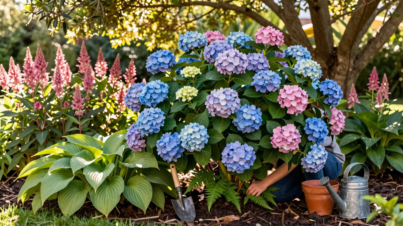 Buquê colorido de hortênsias rosa, azul e lilás em jardim com ferramentas de jardinagem ao lado.