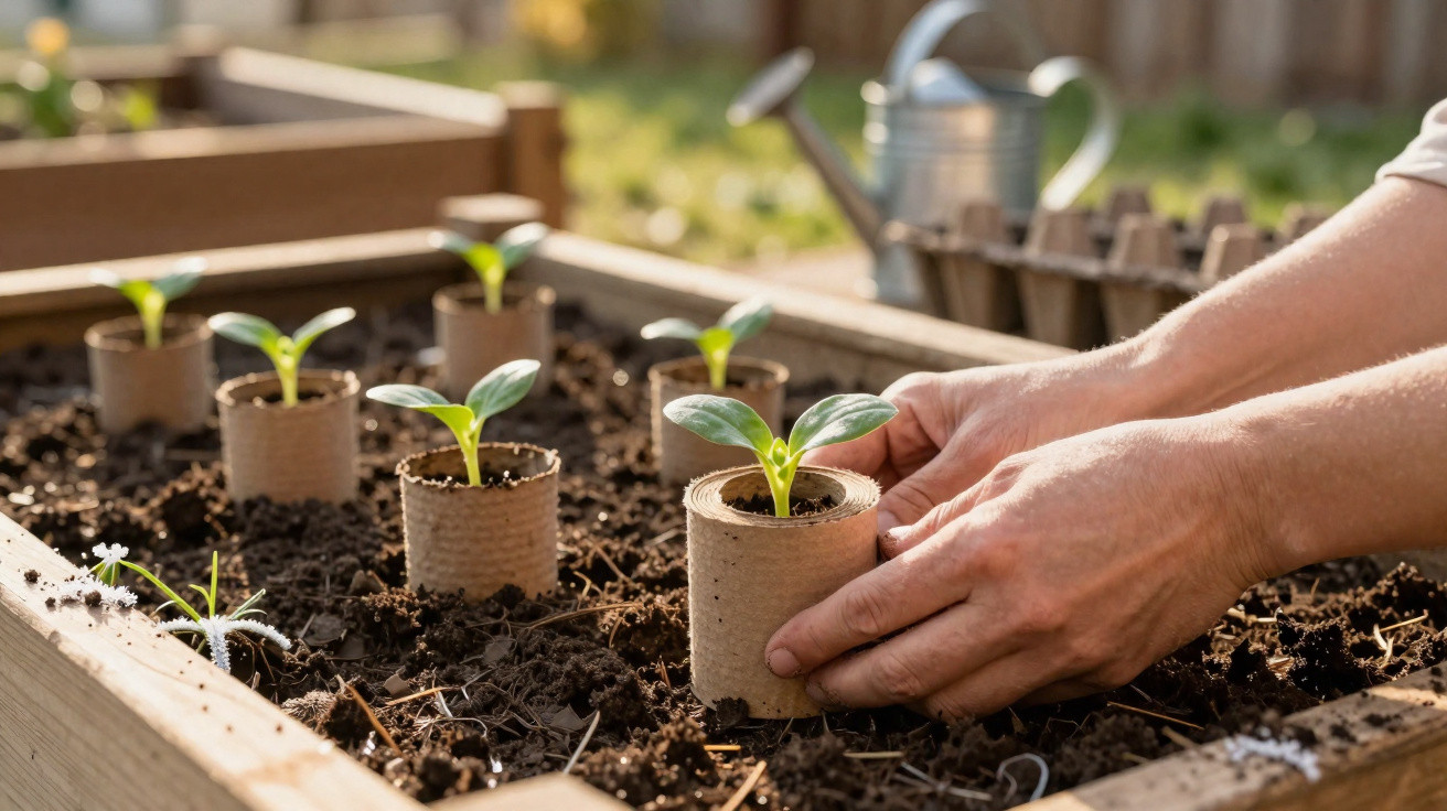 Mãos plantando mudas em vasos biodegradáveis dentro de uma caixa de madeira com terra.
