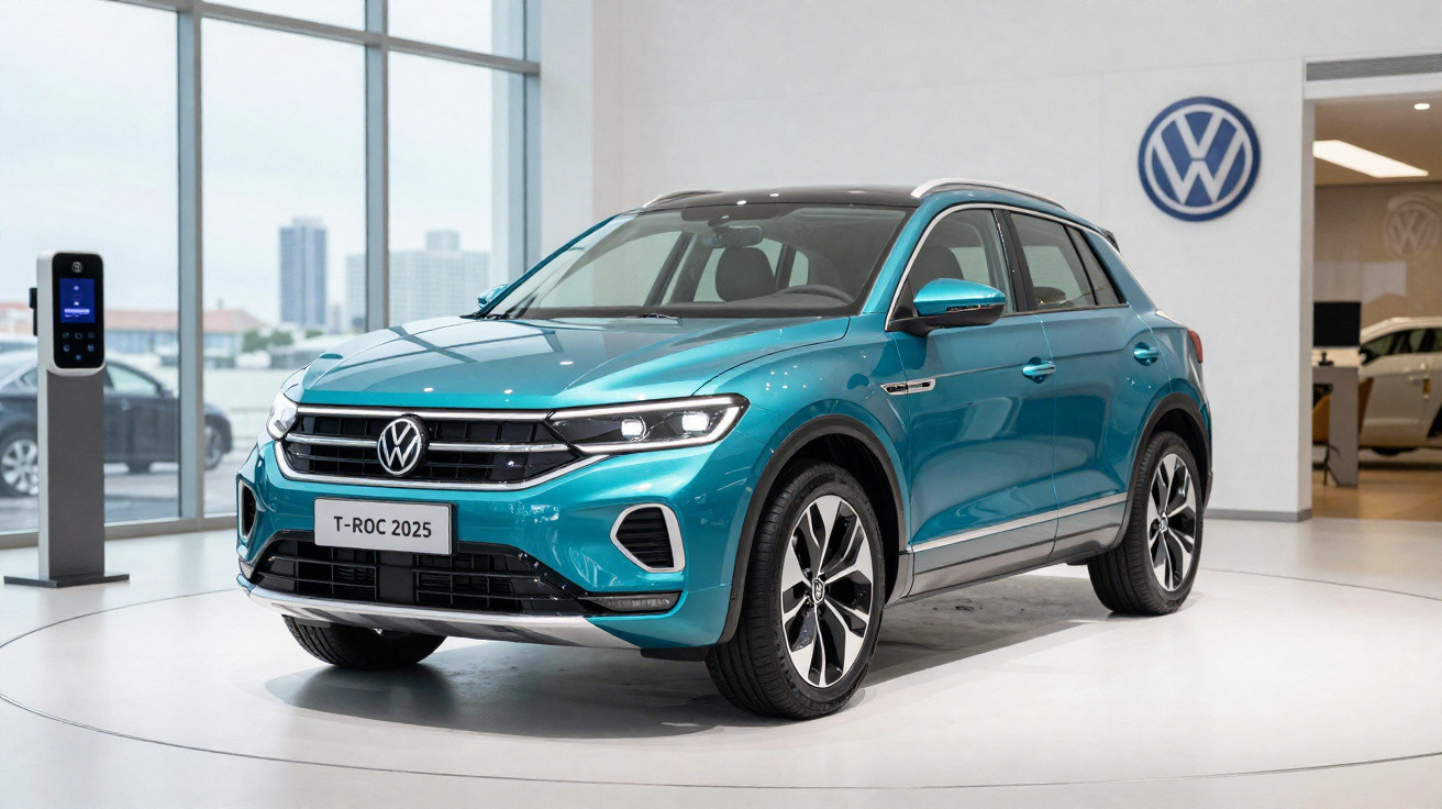 Carro Volkswagen T-Roc 2025 azul exposto em showroom com logo VW ao fundo.