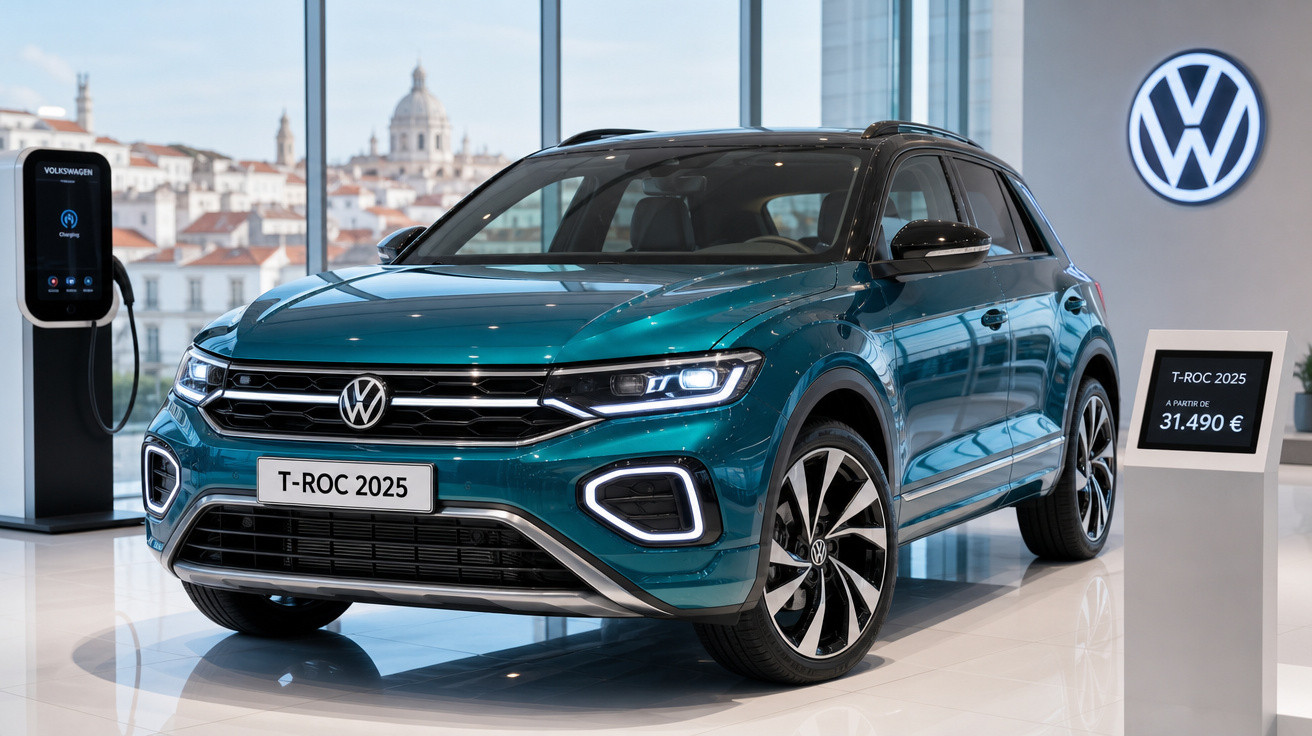 Carro Volkswagen T-Roc 2025 azul exibido em showroom moderno com preço ao lado e logo iluminada.