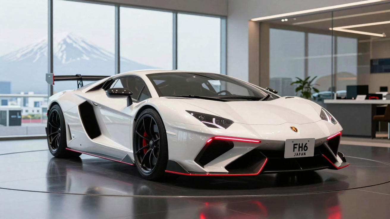 Carro esportivo Lamborghini branco com detalhes em vermelho exposto em showroom moderno com janela grande e montanha ao fundo
