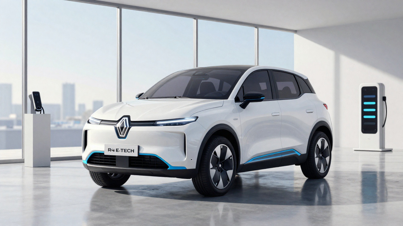 Carro elétrico Renault R4 E-Tech branco em ambiente interno moderno com carregadores ao fundo.