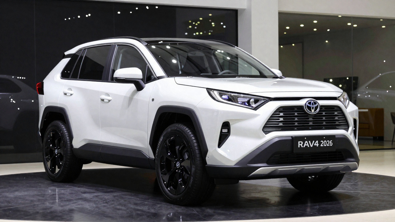 SUV branco Toyota RAV4 2026 exibido em ambiente interno moderno com rodas pretas.