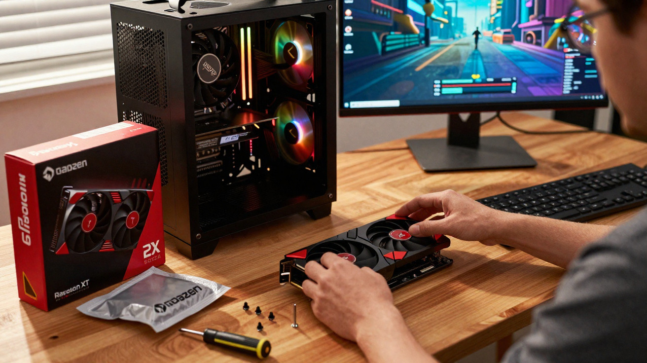 Pessoa instalando placa de vídeo Radeon XT em computador gamer com gabinete aberto em mesa de madeira.