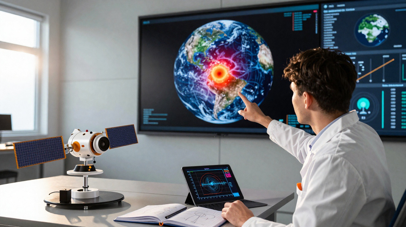 Cientista analisando dados de atividade geológica da Terra exibidos em tela digital grande.