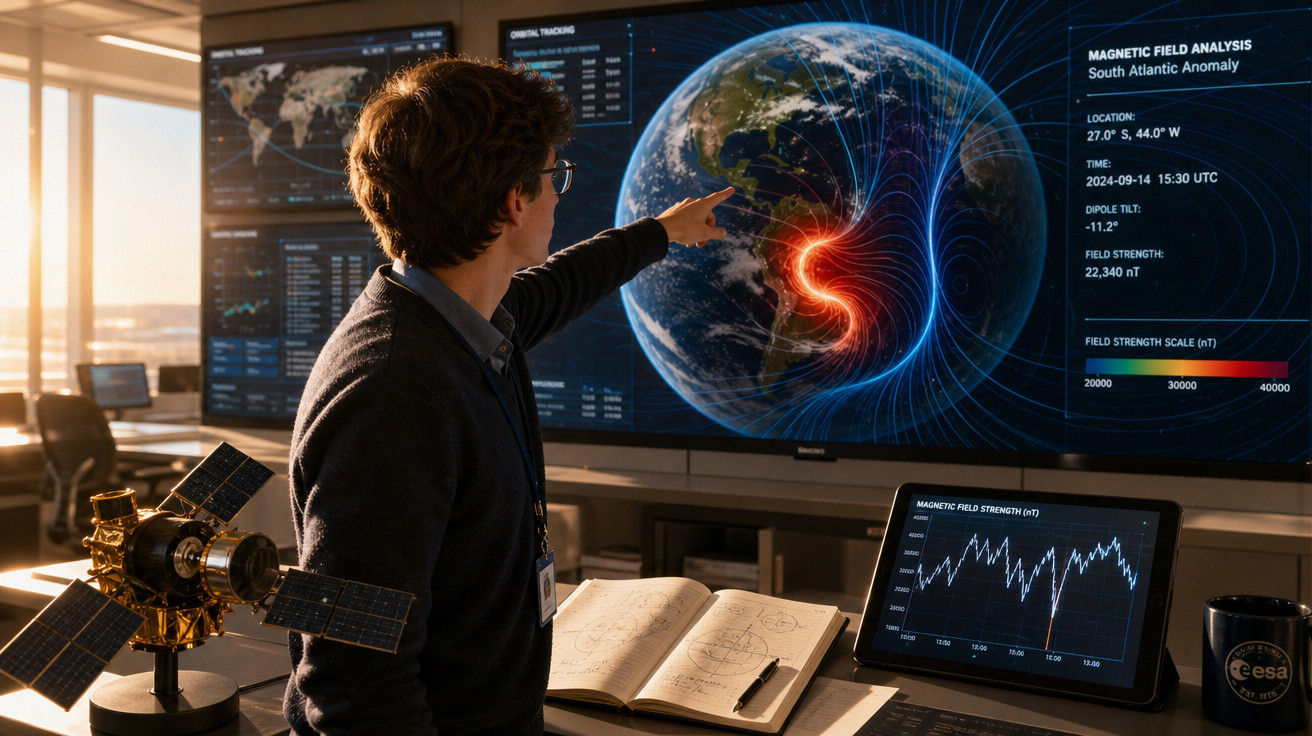Pesquisador aponta para anomalia magnética no Atlântico Sul em tela de monitor com dados científicos.