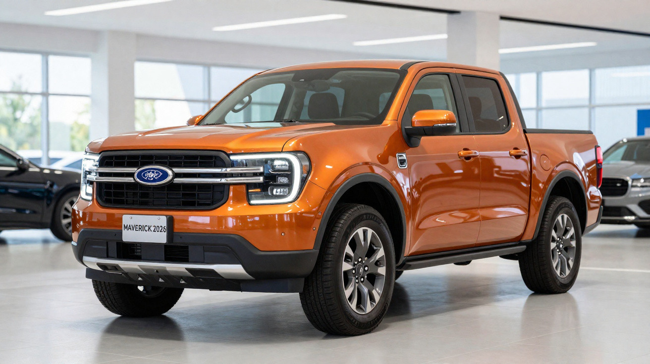Picape Ford Maverick 2023 laranja em exposição dentro de showroom moderno e iluminado.
