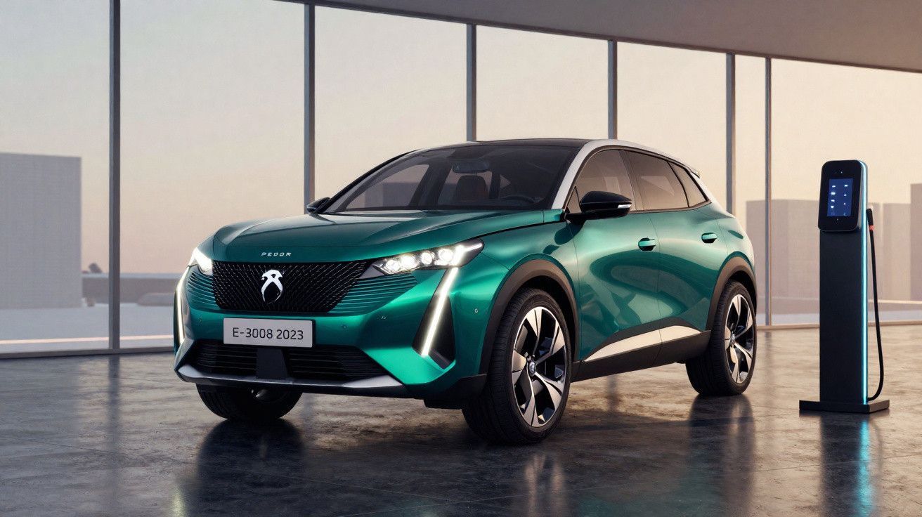 Carro elétrico verde Peugeot E-3008 2023 estacionado ao lado de estação de recarga em ambiente moderno.