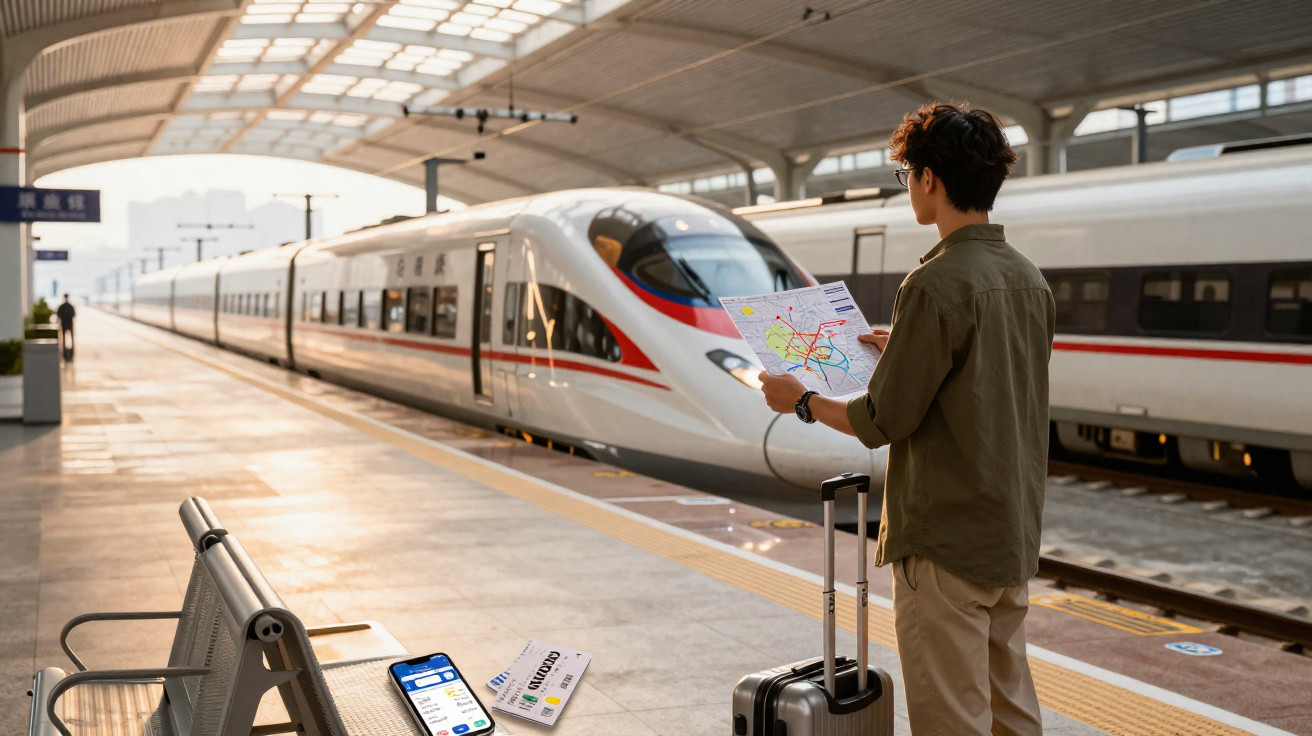 Jovem em plataforma de trem de alta velocidade com mala e mapa, aguardando embarque ao amanhecer.