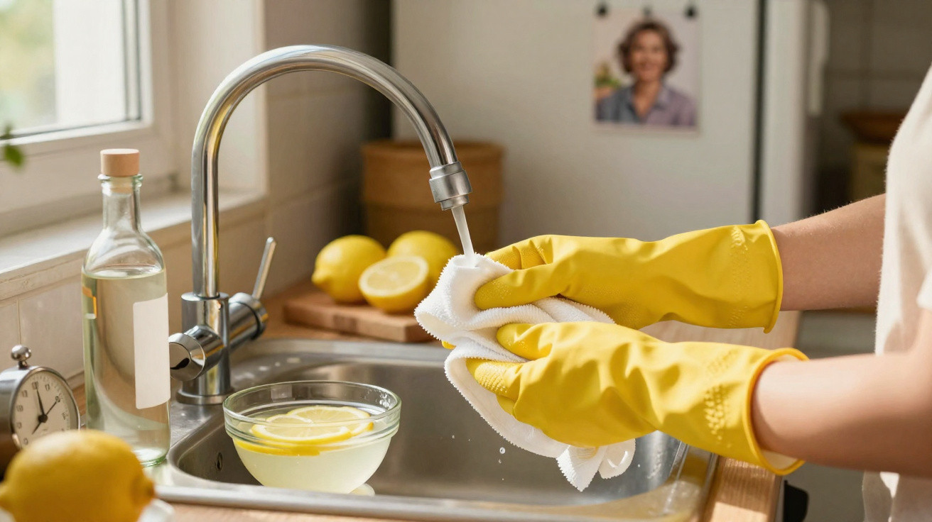 Pessoa com luvas amarelas lavando pano branco na pia da cozinha com limões e tigela ao fundo.