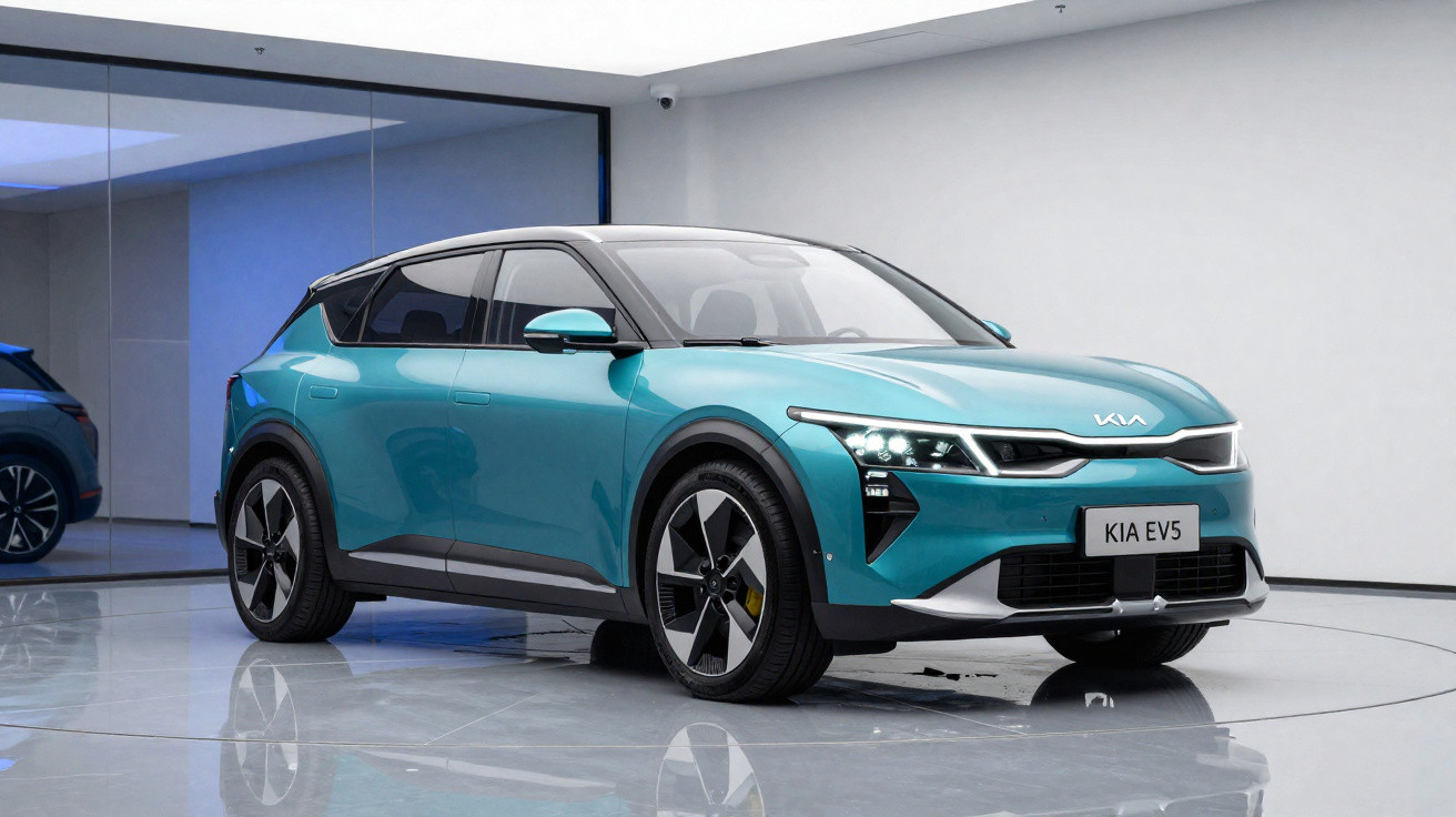 SUV elétrico Kia EV5 azul exibido em showroom moderno com piso refletivo.