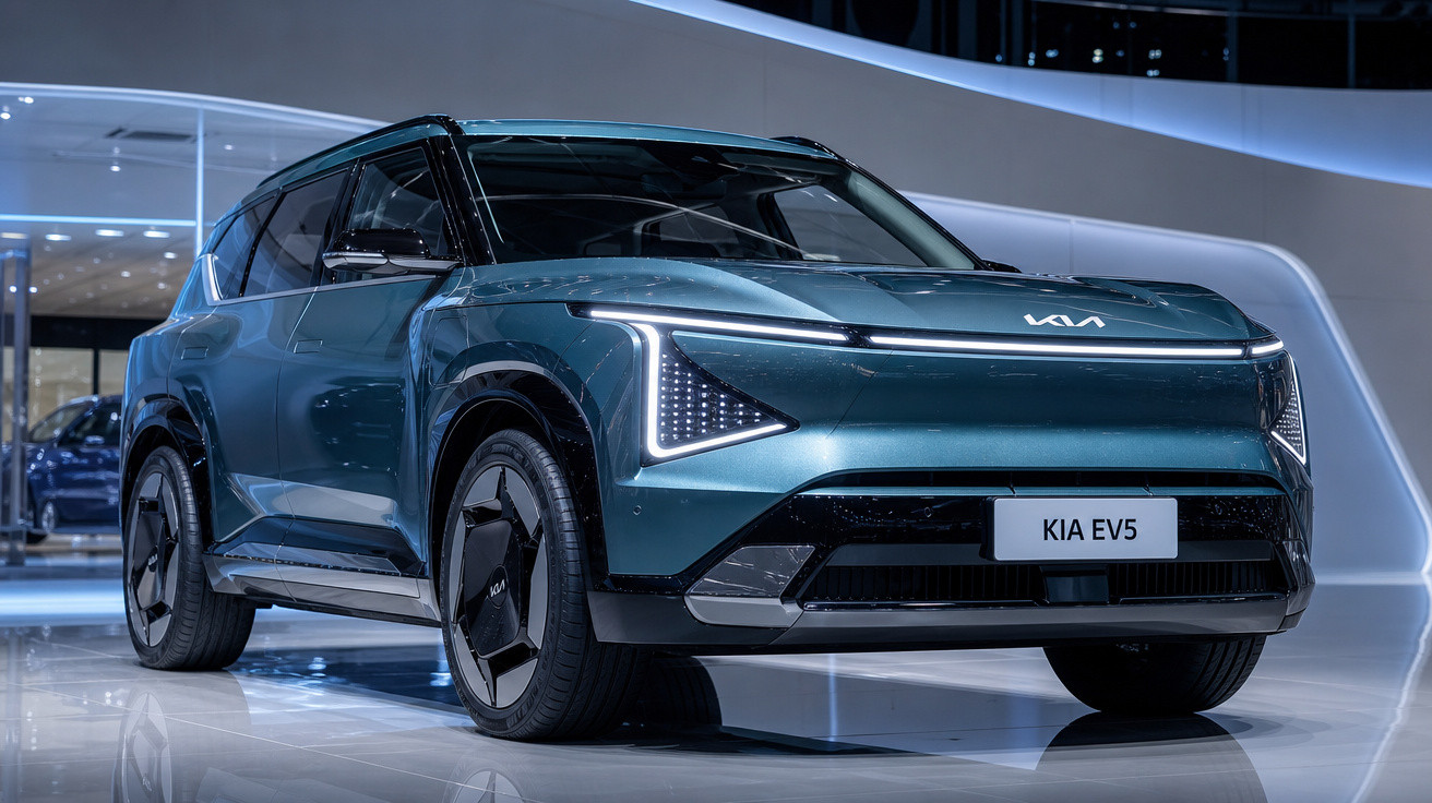 SUV elétrico KIA EV5 azul exibido em salão de automóveis com design moderno e faróis em LED.