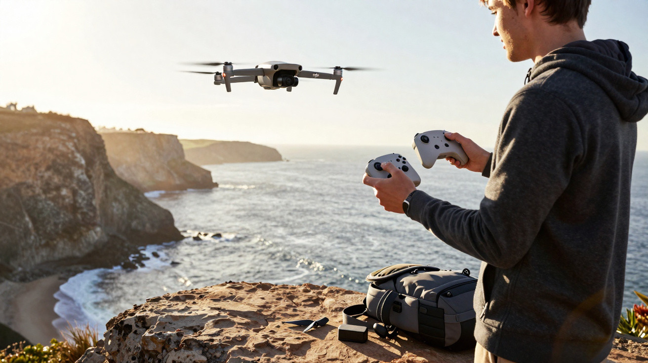 Jovem controlando drone com controle remoto em penhasco com vista para o mar ao entardecer.