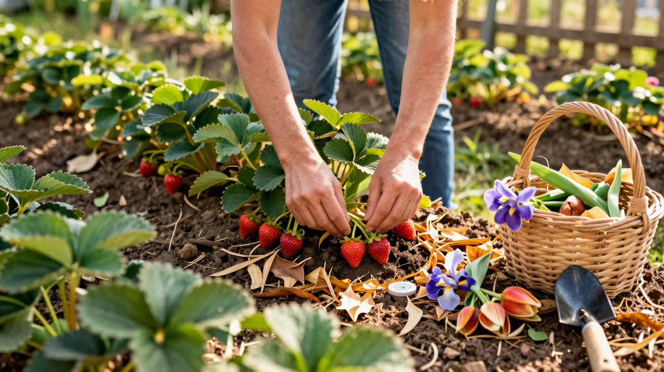 Pessoa colhendo morangos em plantação com cesta de flores e ferramenta de jardinagem ao lado.
