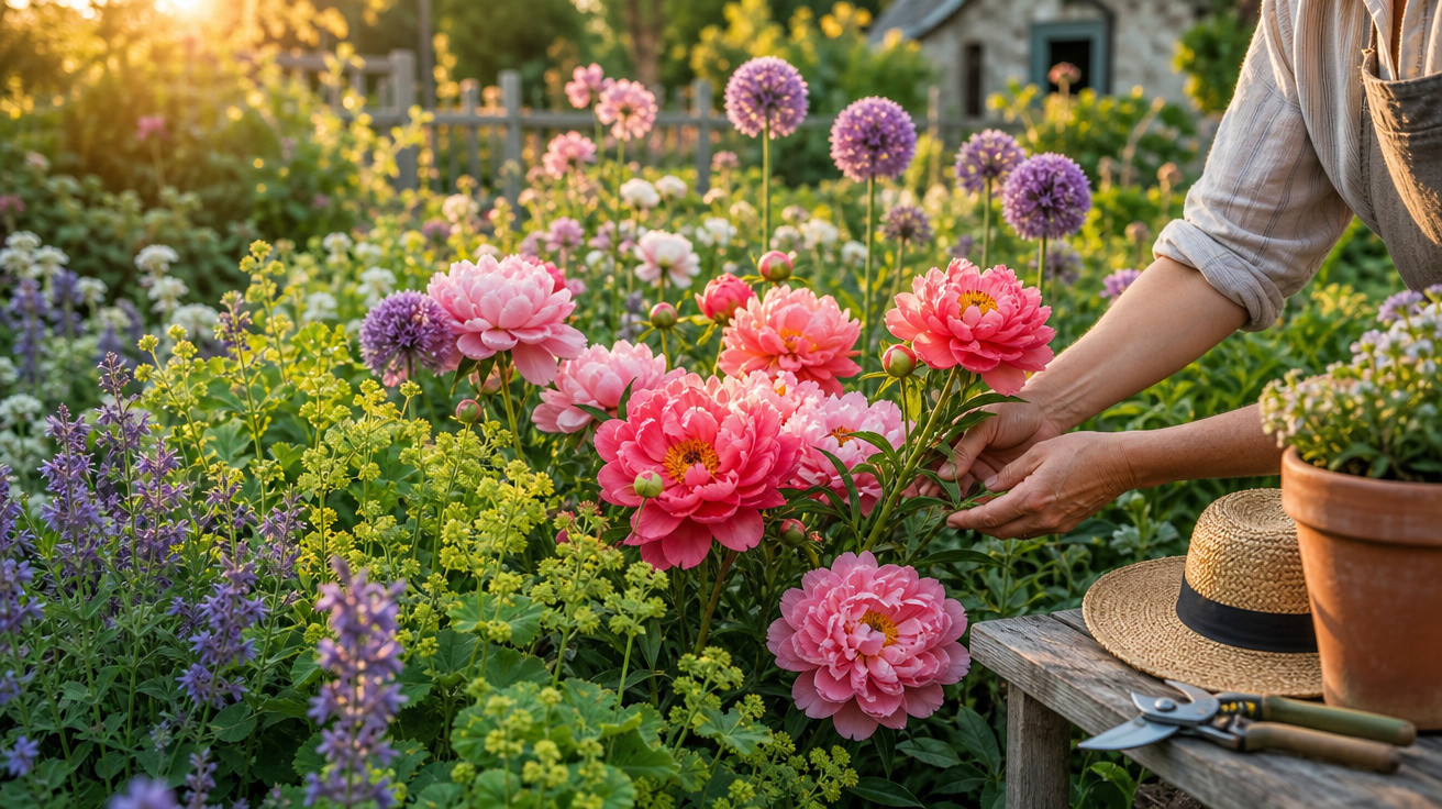 Pessoa cuidando de flores coloridas em jardim florido ao pôr do sol, chapéu e ferramentas ao lado.