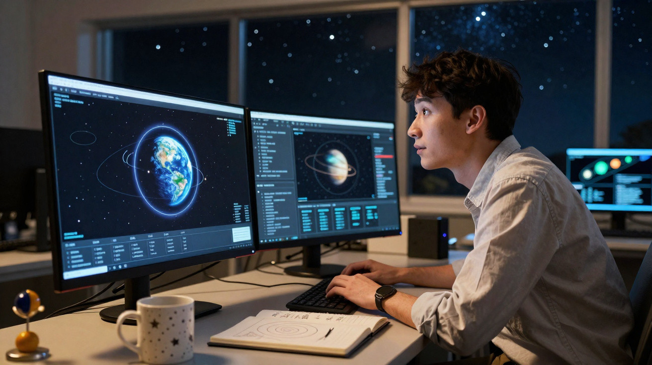Jovem estudando imagens do espaço com planetas em três monitores durante a noite.