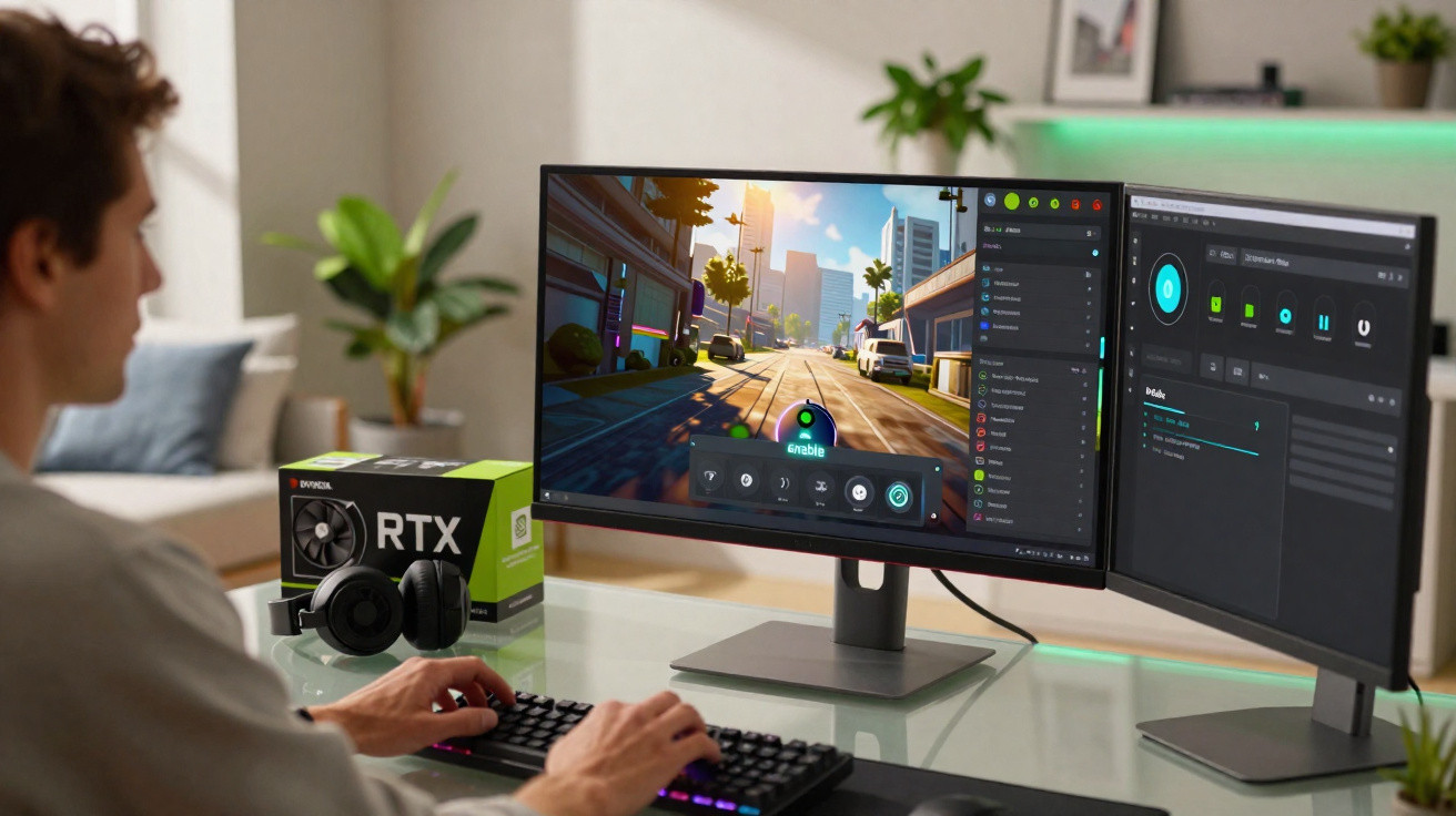 Pessoa usando teclado para controlar jogo em monitor curvo com segunda tela mostrando software de desempenho.