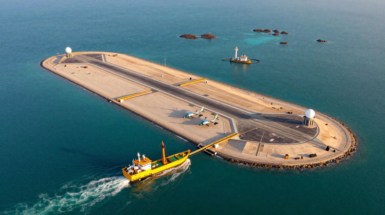 Pequena pista de pouso em ilha artificial com dois aviões e barco amarelo navegando ao redor.
