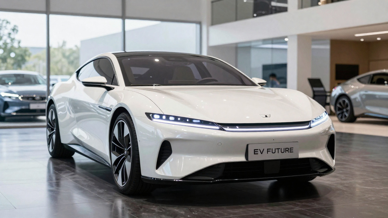 Carro elétrico branco EV Future em exposição dentro de showroom moderno.