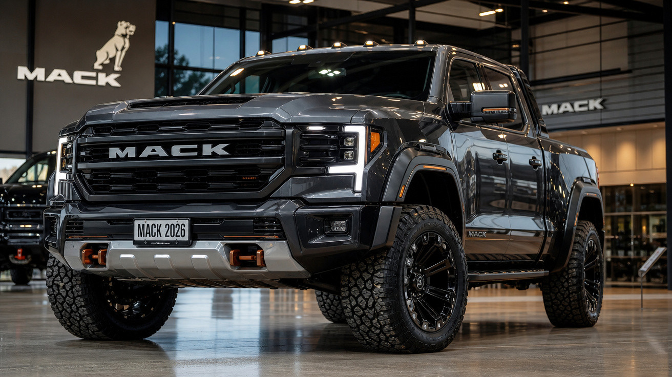 Picape preta Mack 2026 exibida em showroom moderno com logo da marca ao fundo.