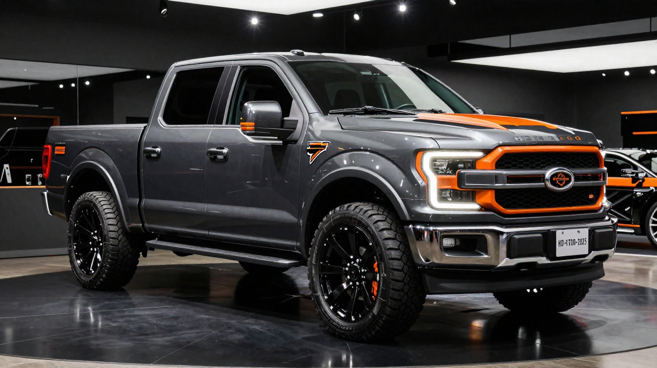 Picape Ford F-150 preta com detalhes laranja exposta em showroom moderno com piso preto brilhante.