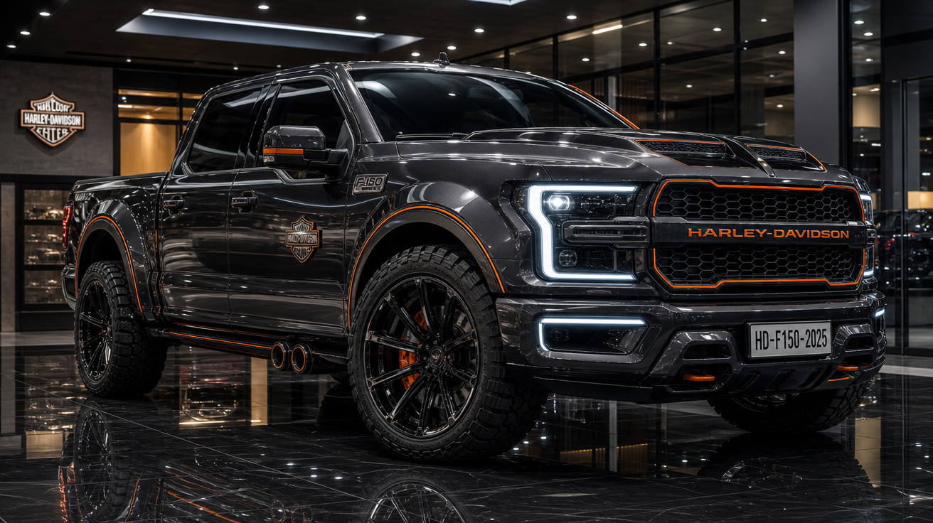Picape preta Ford F-150 edição Harley-Davidson em showroom moderno com iluminação refletida no piso brilhante.
