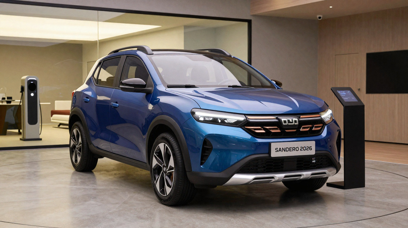 Carro azul Sandero 2026 exibido em ambiente interno moderno com estação de recarga elétrica ao fundo.