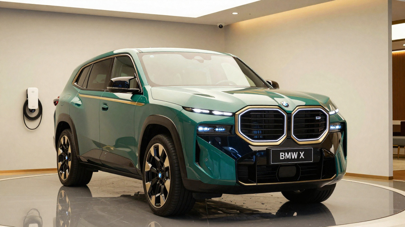 SUV BMW X verde escuro estacionado em ambiente interno moderno, com carregador elétrico na parede.