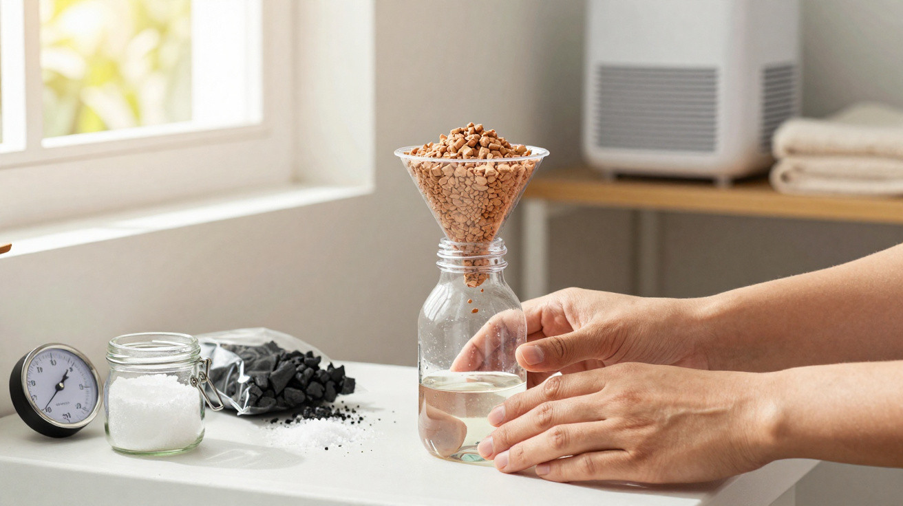 Mãos segurando frasco com filtro e grânulos sobre balcão com materiais de purificação de água.