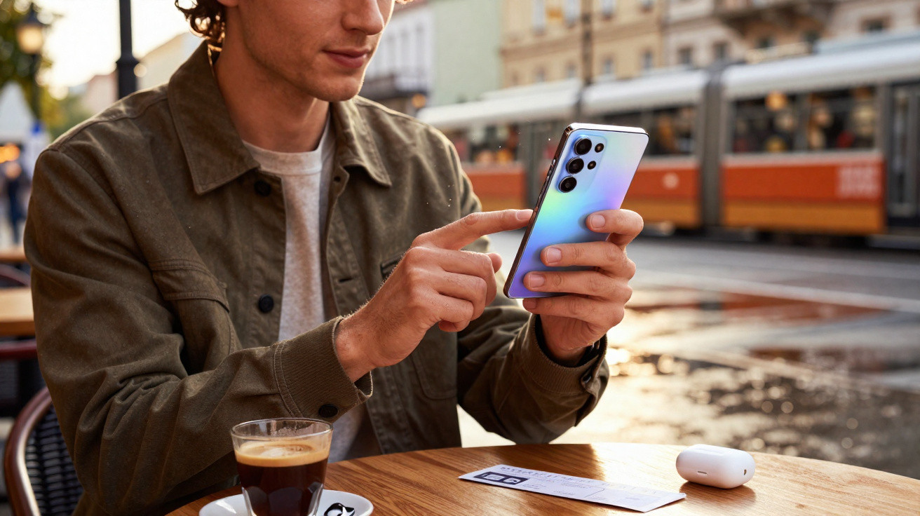 Homem sentado em café ao ar livre usando smartphone colorido com copo de café e fones na mesa.