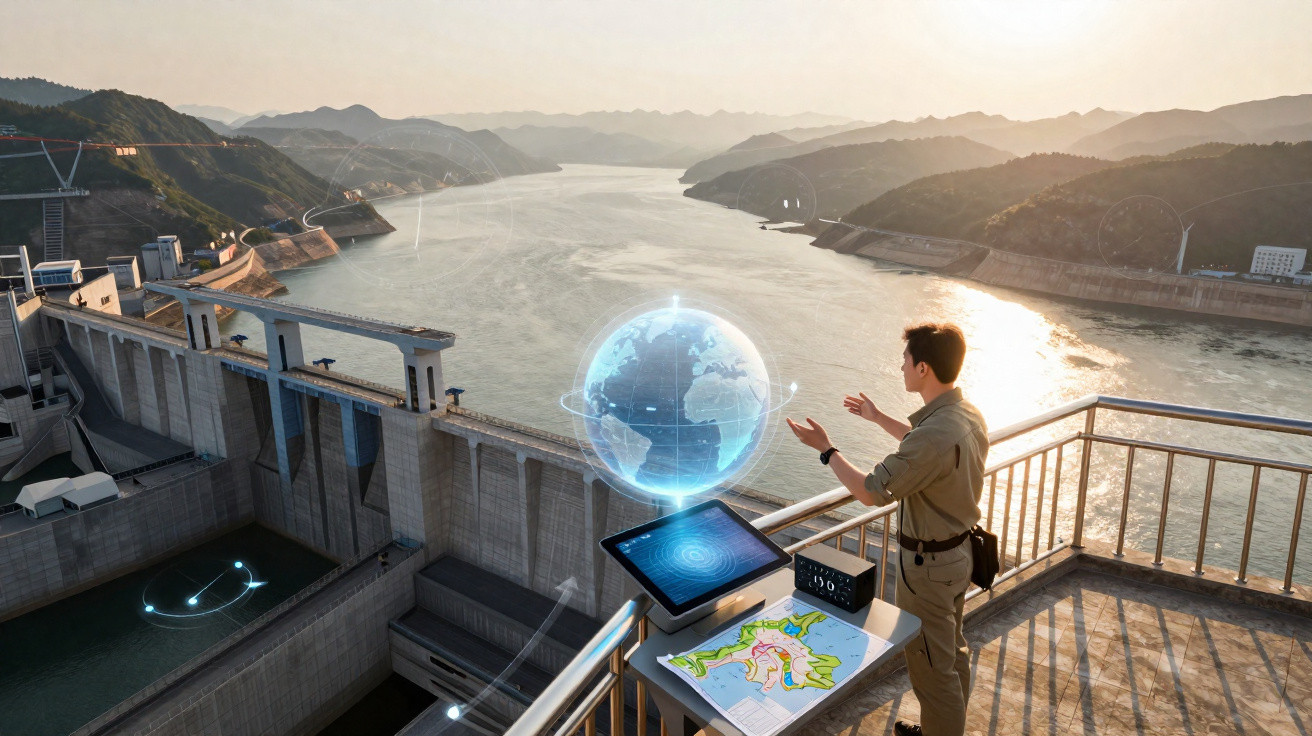 Homem usando tablet ao lado de represa observando projeção holográfica do planeta Terra ao pôr do sol.