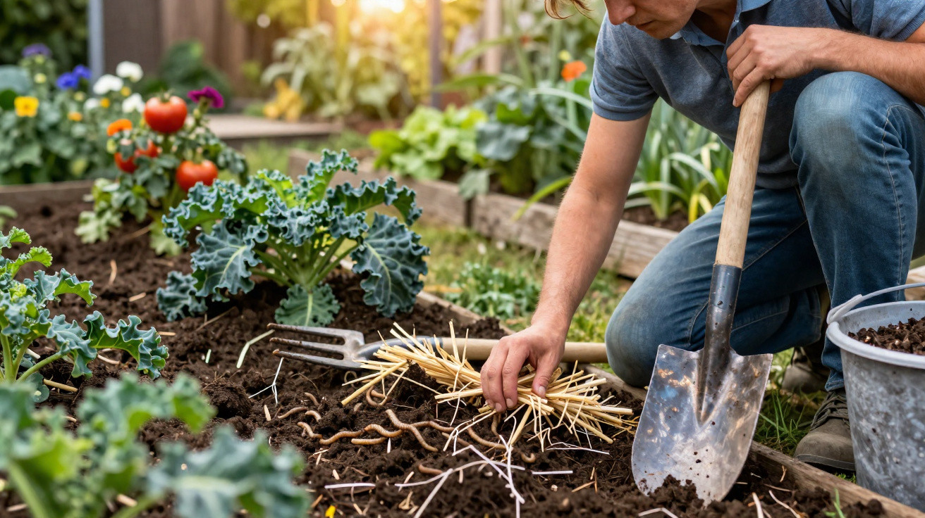Pessoa cuidando de horta, usando pá e espalhando palha sobre o solo próximo a plantas e tomates.